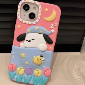 Cute Sleeping Dog case for iPhone14promax New back cover with Strap Women Stereoscopic Silicone cover